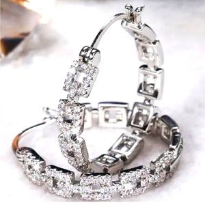 Silver Chain Link Inspired Cubic Zirconia 1” Hoop Earrings - New